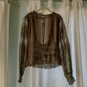 Anthropologie Embroidered Puff Sleeve Top XL